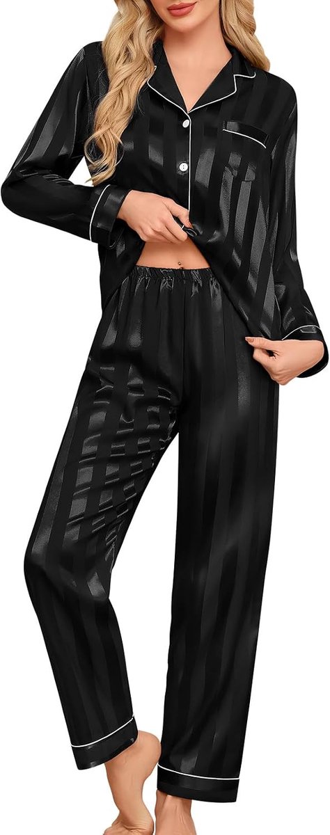 Pyjama voor dames, zijdeachtige gestreepte pyjama zachte loungewear met lange mouwen, tweedelige pyjamaset, button-down top en volledige lengte broek, bruidsmeisje, nachtkleding