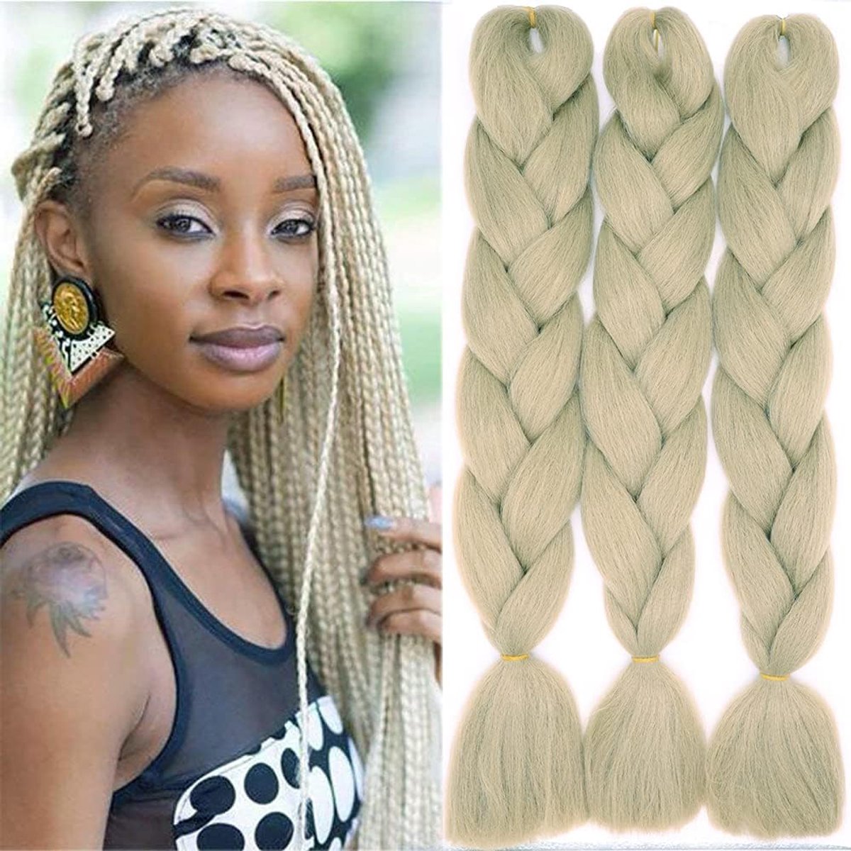 60cm vlechten extensions jumbo vlechten kunsthaar 3 bundels synthetisch crochet hair vlechtenhaar afro box braiding (natuurlijk blond)