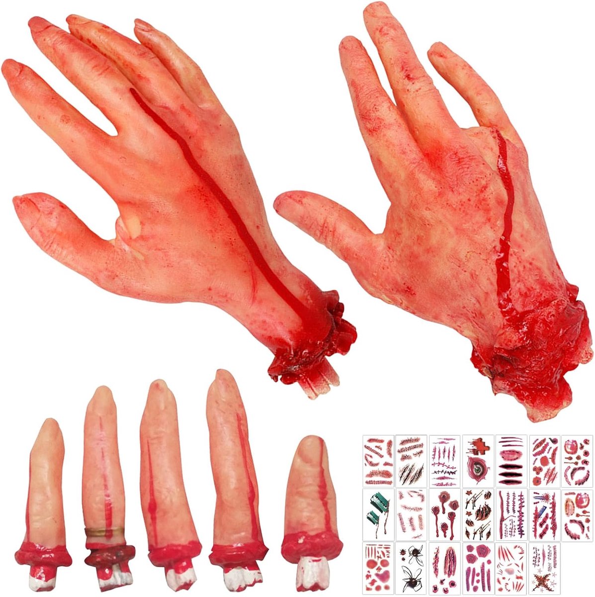 3 stuks Halloween blood rekwisieten griezelige namaakstukken handgebroken lichaamsdelen, Halloween lichaamsdelen angstaanjagend met 20 tattoo-stickers voor spookhuis, zombiefeestdecoratie