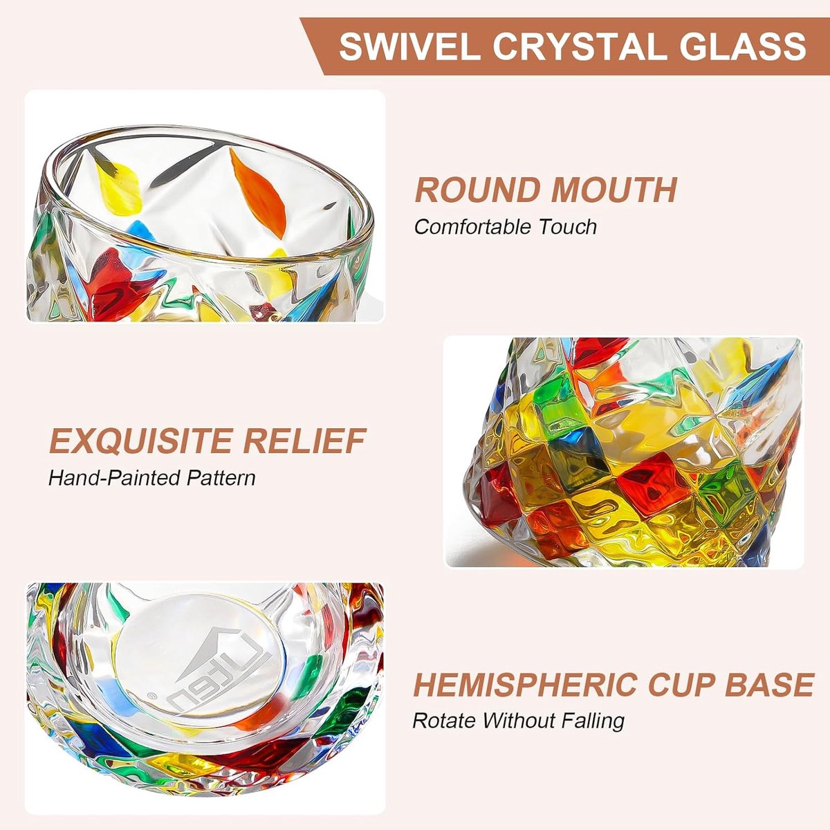 Draaibaar ouderwets kristal whiskyglas, 275ml/10oz met houten onderzetter - verdikt voor rum, cocktails, koffie, melk - stressverminderend ontwerp - 1 stuk