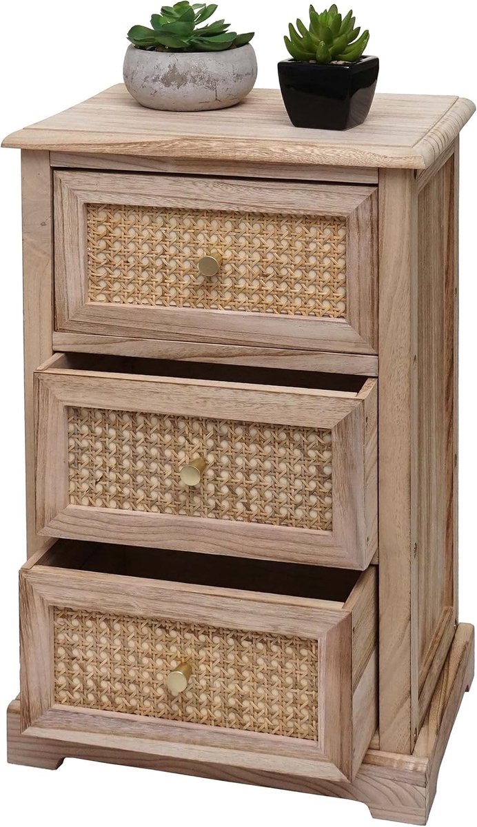 Commode HWC-K87AM, ladekast kast, hout rotan 63x40x28cm - natuurlijke kleuren