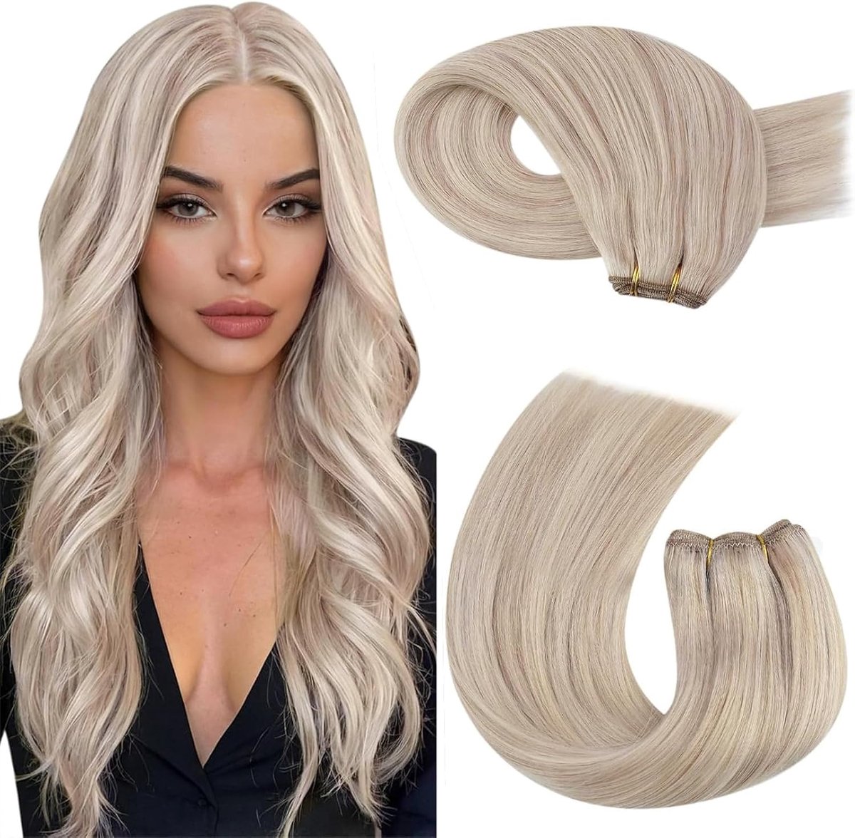 Weft Hair Extensions Echt Menselijk Haar Asblond met Bleekblond #P18/613 45 cm 100G