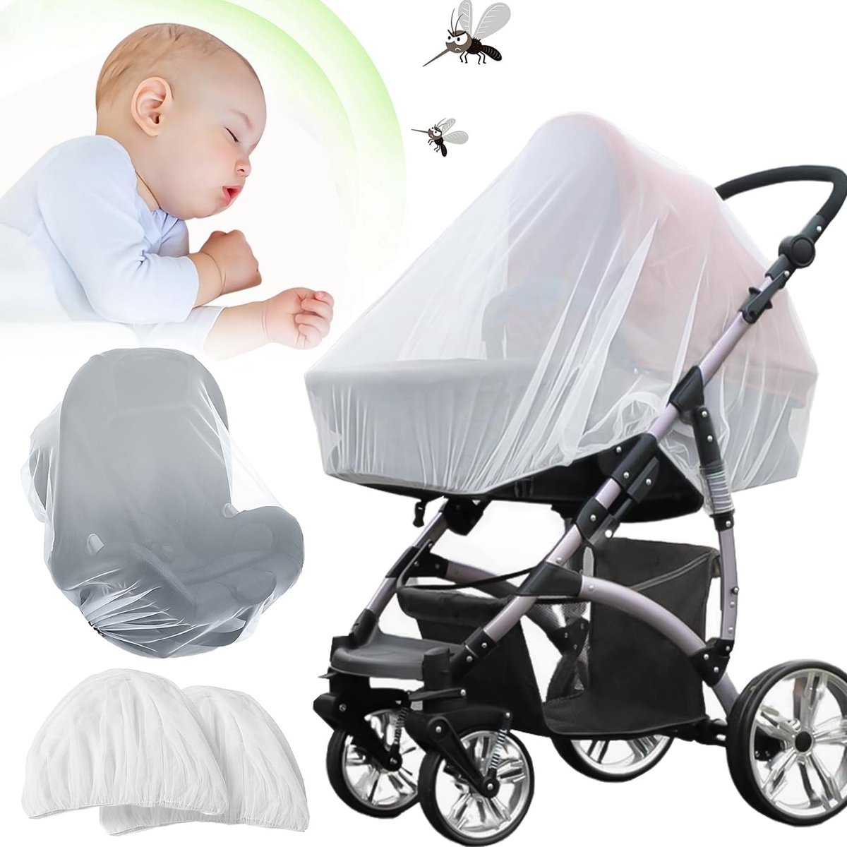 2 stuks universeel muggennet voor kinderwagen, muggennet voor kinderwagens voor pasgeborenen ter bescherming tegen vespen, muggen en insecten, fijn netweefsel, afdekking voor babyzitje, wasbaar, wit