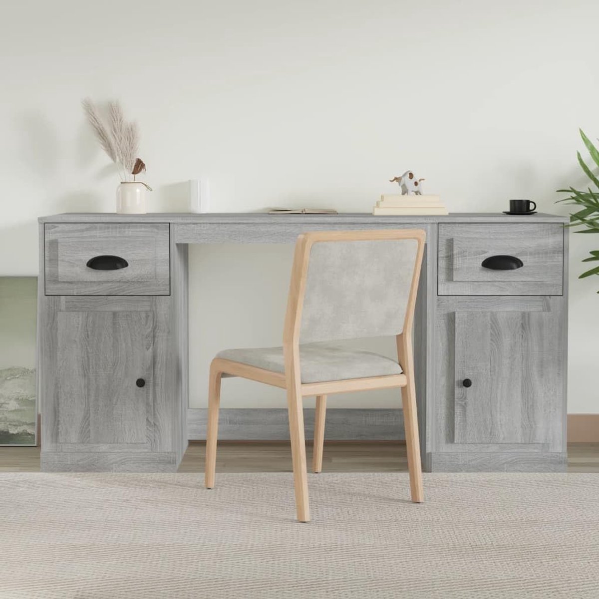 Bureau met multiplex fineer grijs Sonoma bureau met kasten voor kantoor, opbergmeubels en werkkamer