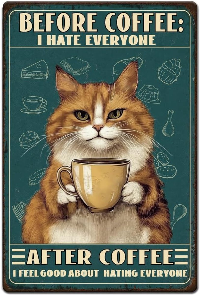 1 stuk vintage metalen tinnen bord, 30 x 20 cm, retro ijzeren zwarte kattenbord, roestige look voor koffie, ik haat iedereen, grappige poster voor café, bar, pub, thuiskantoor, keuken,