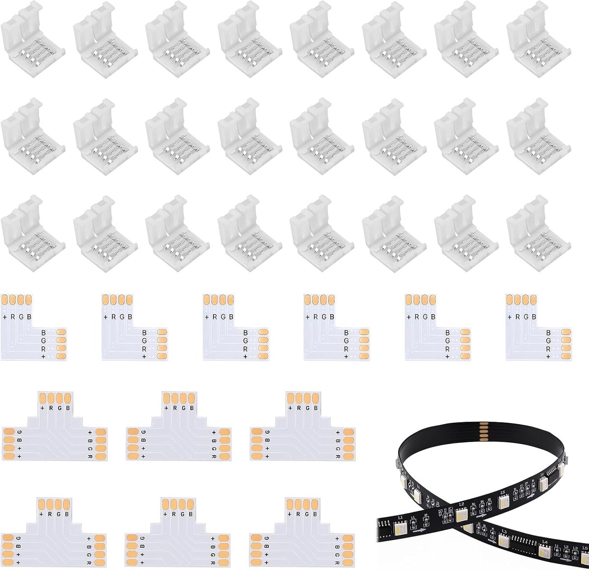 4-polige soldeervrije adapter met L- en T-stekkers, inclusief bevestigingsklemmen, compatibel met 8 mm 3535 RGB ledstrips (wit)
