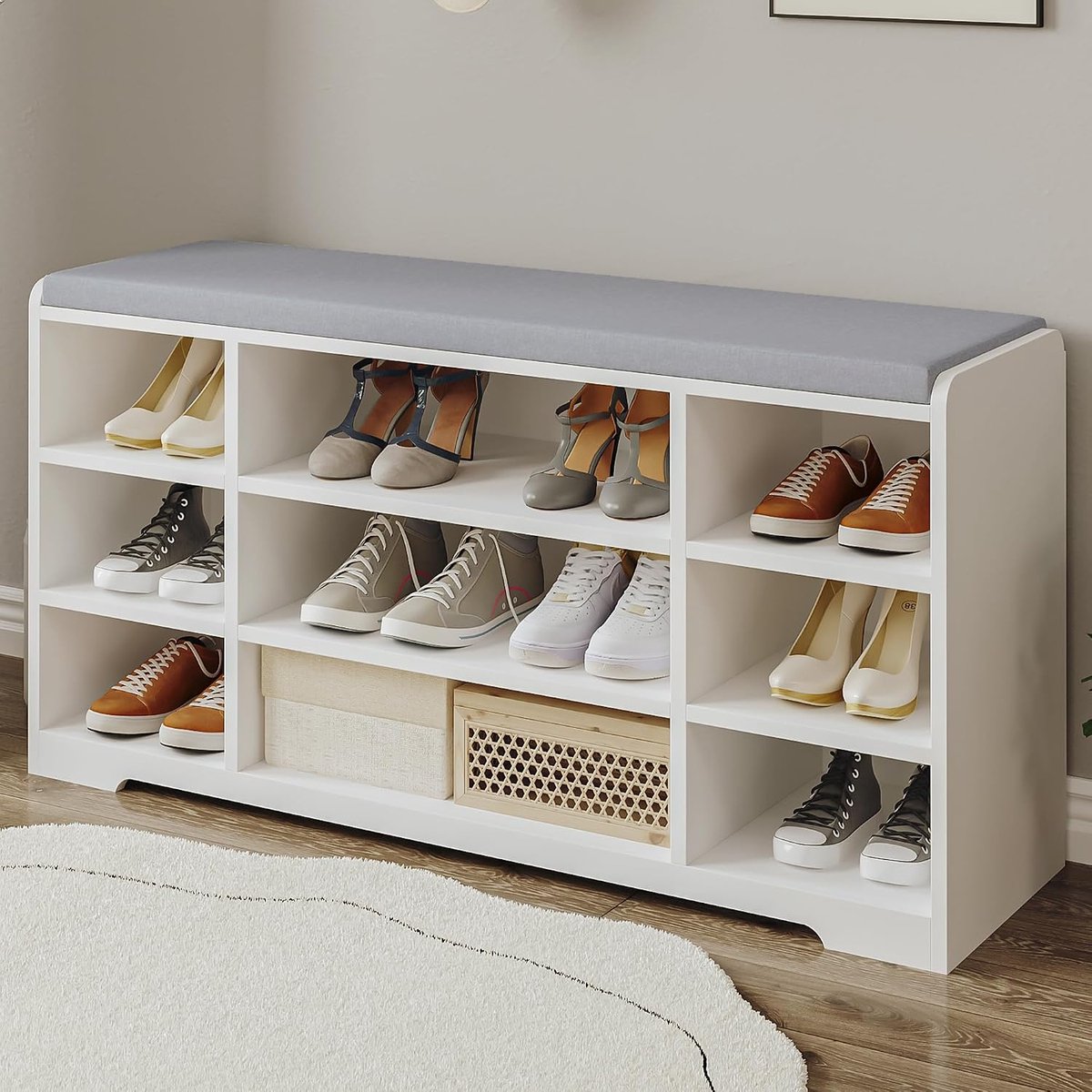 Schoenenbank, Schoenenrek Met Zitvlak, Zitbank Met Opbergruimte, Kussen, 9 Vakken, 30 X 103 X 52,7 Cm, Verstelbare Planken, Voor Woonkamer, Hal, Slaapkamer, Wit-Grijs SB10003X
