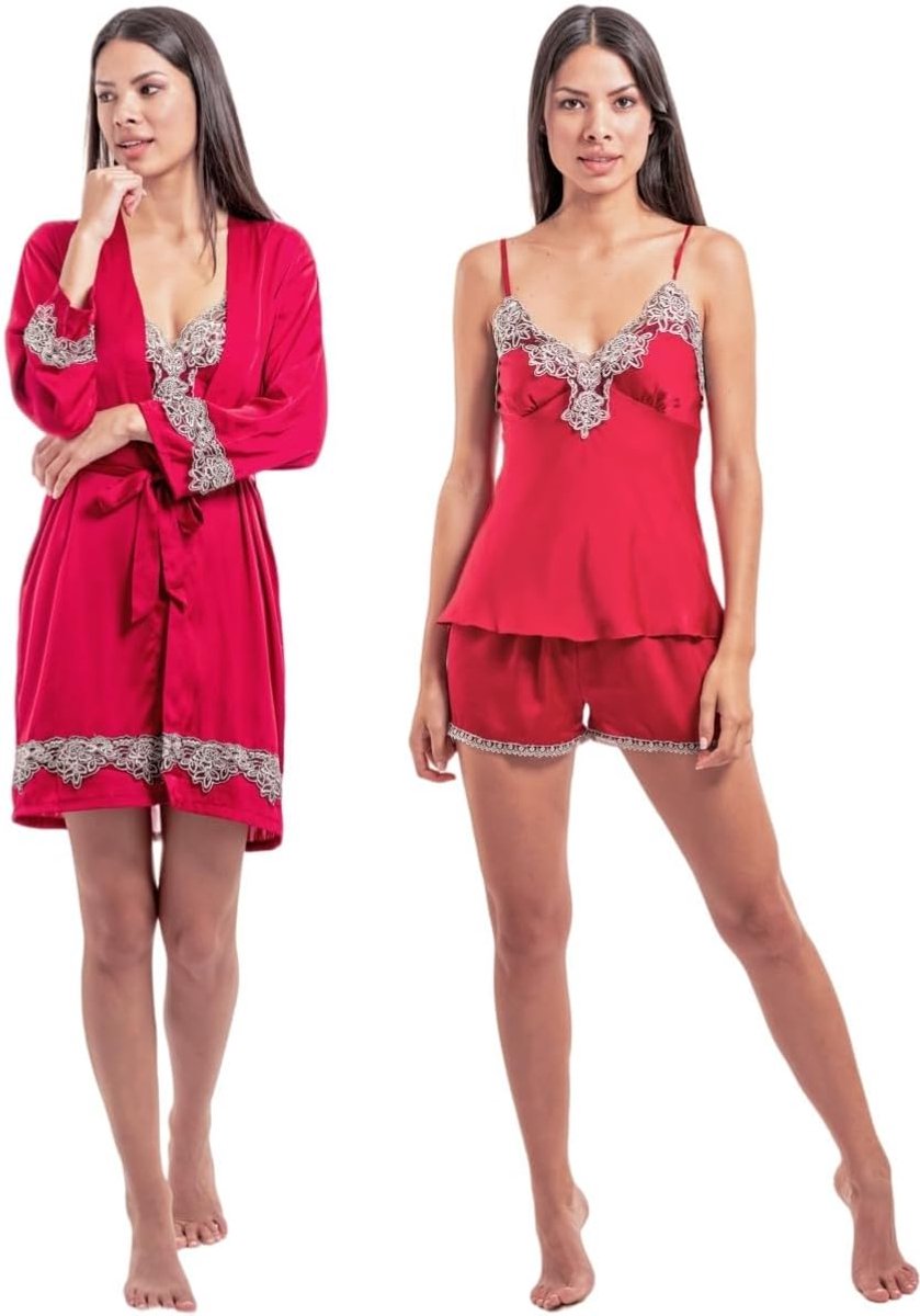 Satijn Pyjama Set 5 Stuks Zijden. Nachthemd Nachtkleding voor Womens Vrouw, homewear, kimono badjas, top, nachtjapon, korte broek en lange broek.