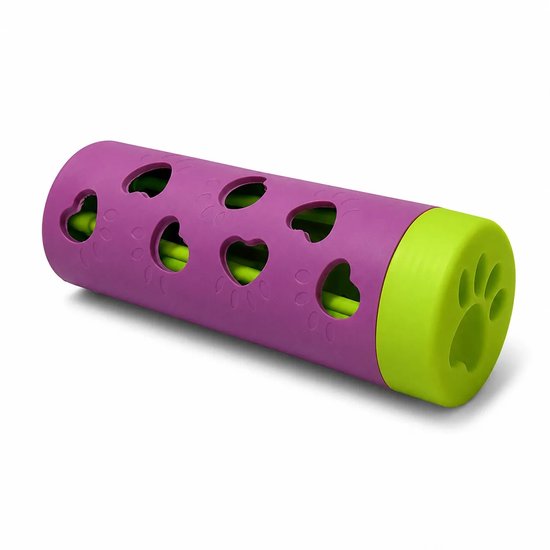 Een paars voerreservoir met groene doppen en hartvormige gaten, met interne stokken.