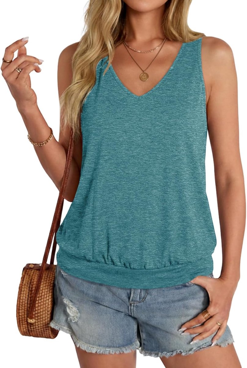 Top voor dames, zomer, mouwloos, tanktop, V-hals, stretch, losse basic tops