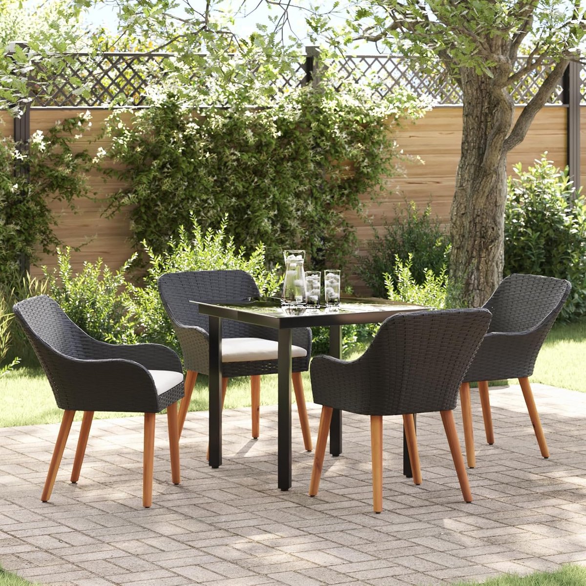 Eetgroep, zitgroep, outdoor, tuinmeubelset voor terras, balkon, restaurant, zwart polyrotan, vierkante tafel met vier stoelen