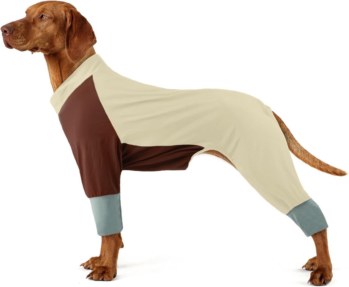 Pyjama voor grote honden, na operaties, elastisch, met ritssluiting achter, volledige afdekking, fris en comfortabel voor wandelingen, beige, maat 4XL