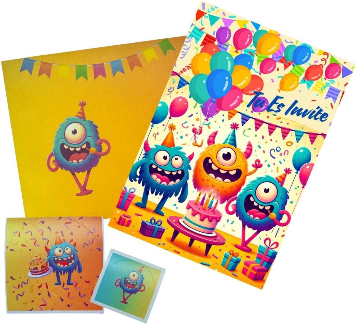 Invitation Anniversaire Enfant Lot 50 stuks – 10 kaarten + 10 enveloppen + 30 stickers (6 cm & 3 cm) – Uitnodigingen Fête Anniversaire Enfants Garçon Fille Décoration Party (Monstre)