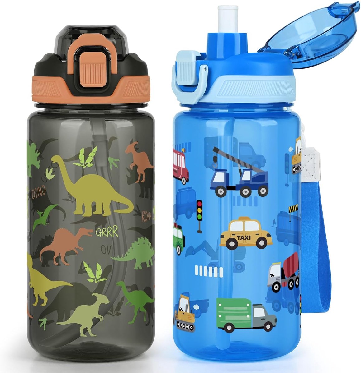 Kinderwaterfles voor school, 2-pack 20oz lekvrije 2-in-1 waterfles met een pop-up detachbale rietje, vaatwasmachinebestendig (dinosaurus/transport)