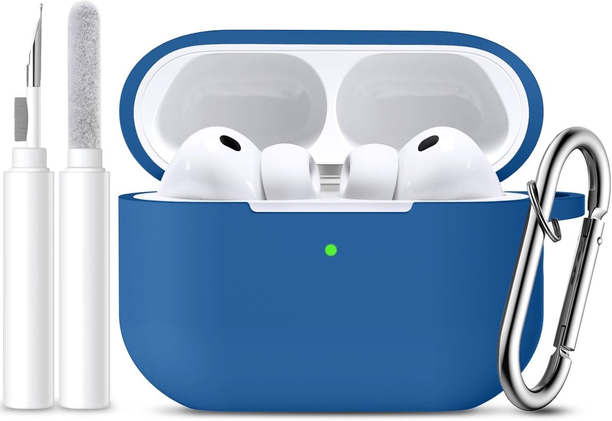 Hoesje voor AirPods Pro 3, volledige bescherming, valbescherming, compatibel met Apple AirPods Pro 3 hoes (2025), zachte siliconen hoes met reinigingsset en karabijnhaak, blauw