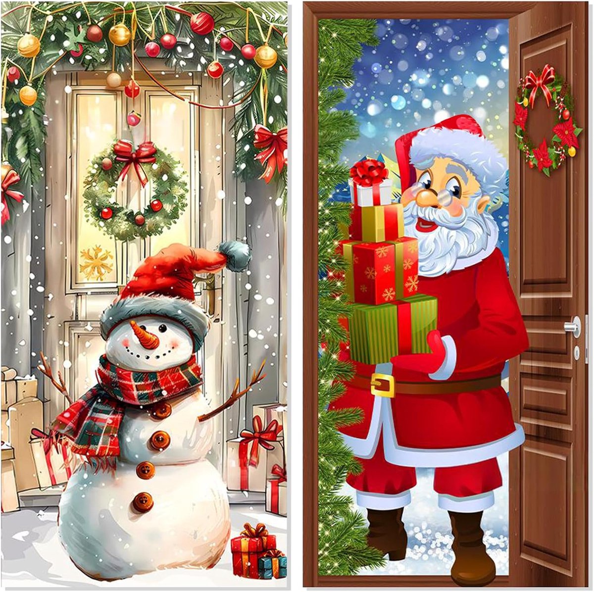2 stuks kerstdeurdecoratie, kerstmanafdekking voor deur, 90 x 185 cm, kerstdecoratie voor deuren, voor binnen en buiten