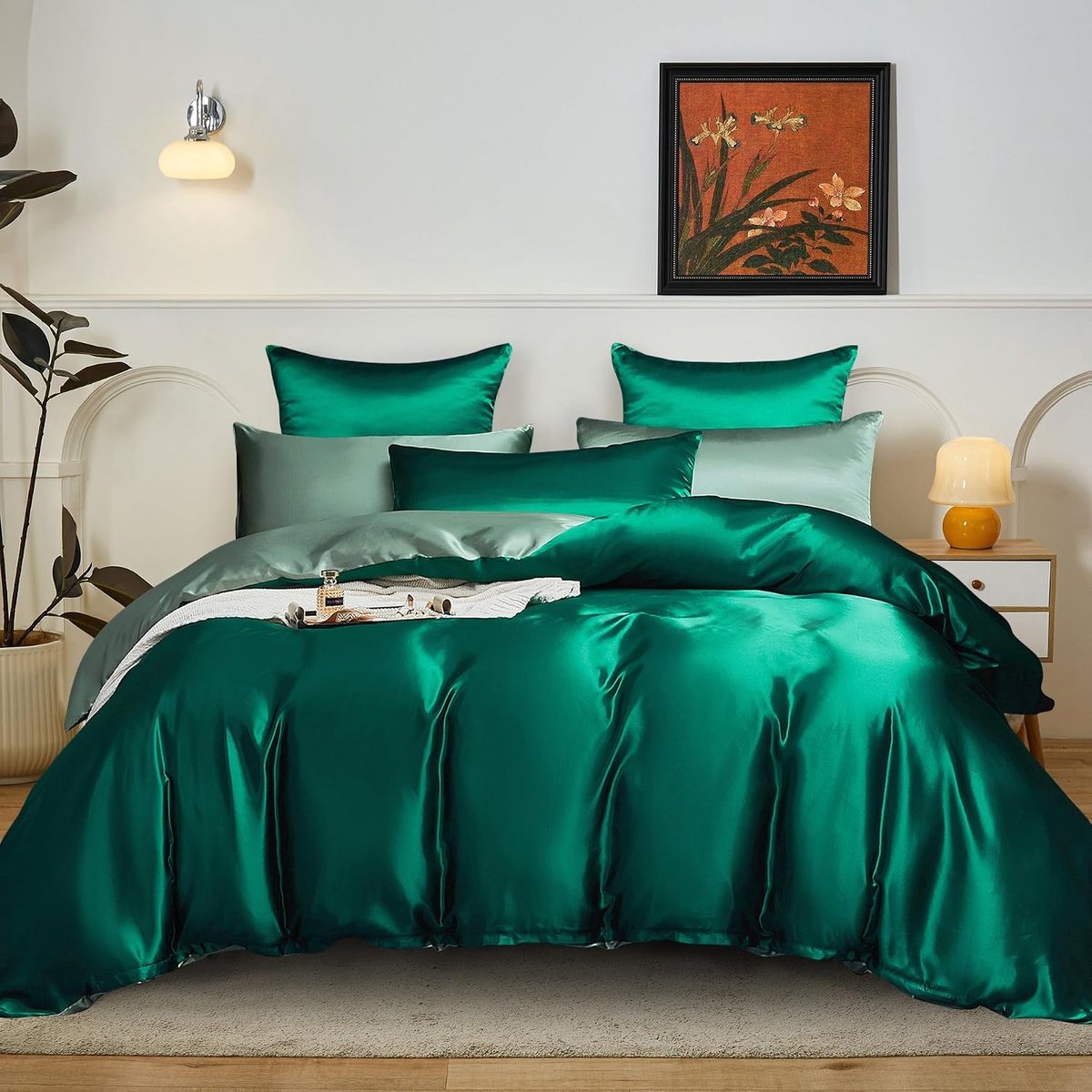 beddengoed 155x220 groen grasgroen omkeerbaar beddengoed zijde dekbedovertrek set glad glanzend deluxe zacht knuffelzacht zijdeachtig satijnen beddengoed 3-delig met ritssluiting en 2