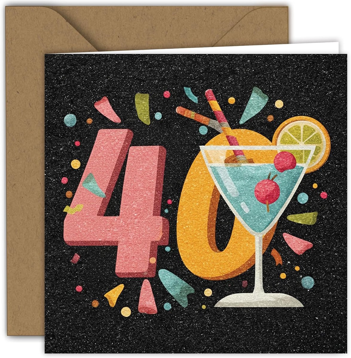 - kleurrijk cocktailmotief met 40 | vouwkaart (15 x 15 cm) - met kracht envelop - blanco aan de binnenkant