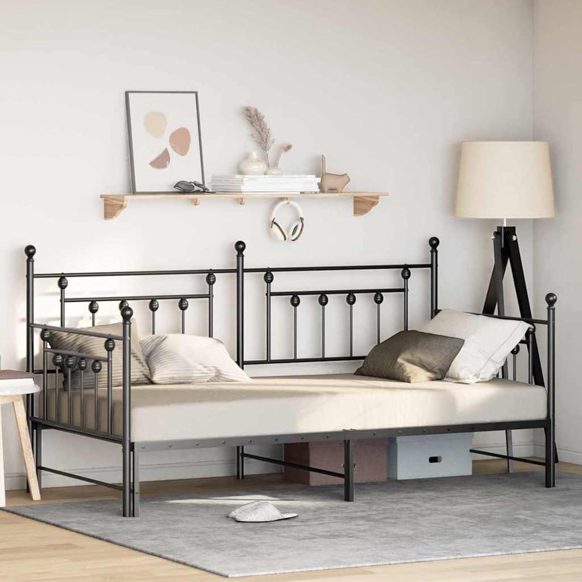 Bedframe met bedlade, zwart, 90 x 190 cm, van staal, dagbed, slaapbank, logeerbed, voor woonkamer, kantoor, logeerkamer, kleine ruimtes