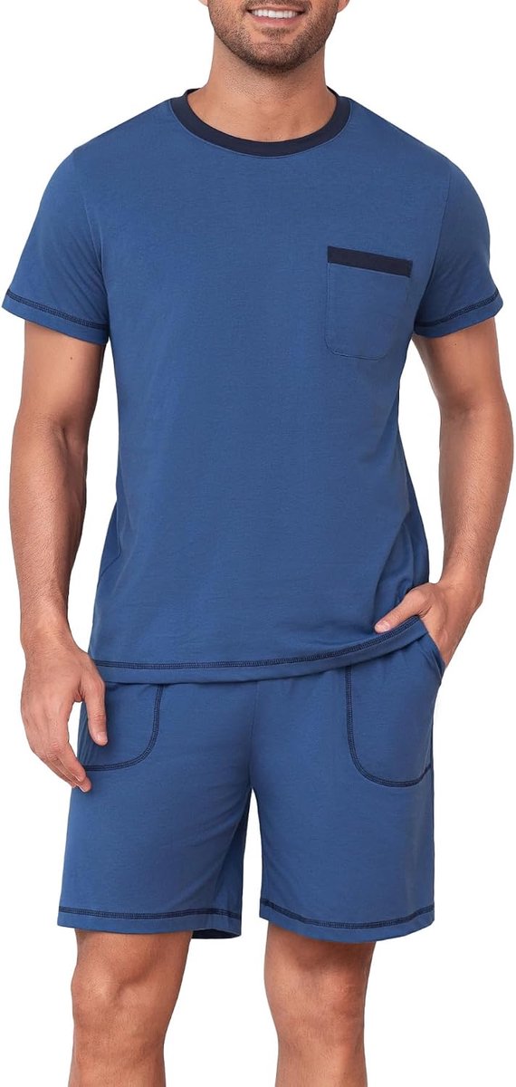Pyjama voor heren, lichte zomerpyjamaset van 100% katoen, shirt met korte mouwen en korte broek voor ademend slaapcomfort