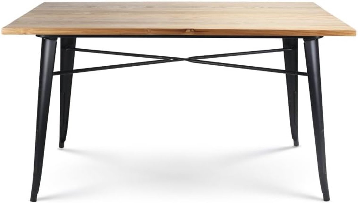 - Eettafel 140 x 80 cm, van zwart metaal en houten blad in industriële stijl (licht hout, 140 x 80 cm)