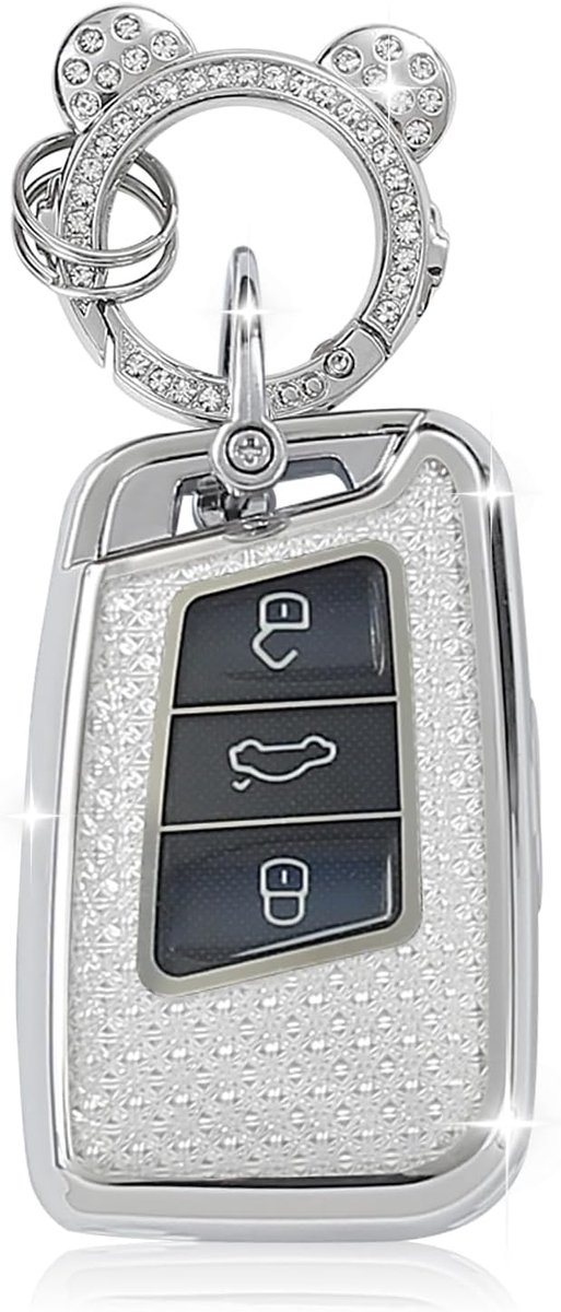 Geschikt voor VW, autosleutelhoes met 3 toetsen, compatibel met VW Passat B8, sleutelhoes, sleutelbox cover voor SEAT, CC, Golf 7, Tiguan, MK2, Jetta, Skoda (zilver)