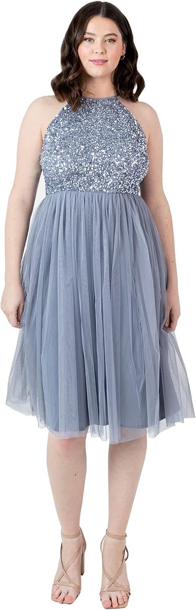Deluxe Midi-jurk voor dames, versierd met halterhals, bruidsmeisje, stoffig blauw, 12