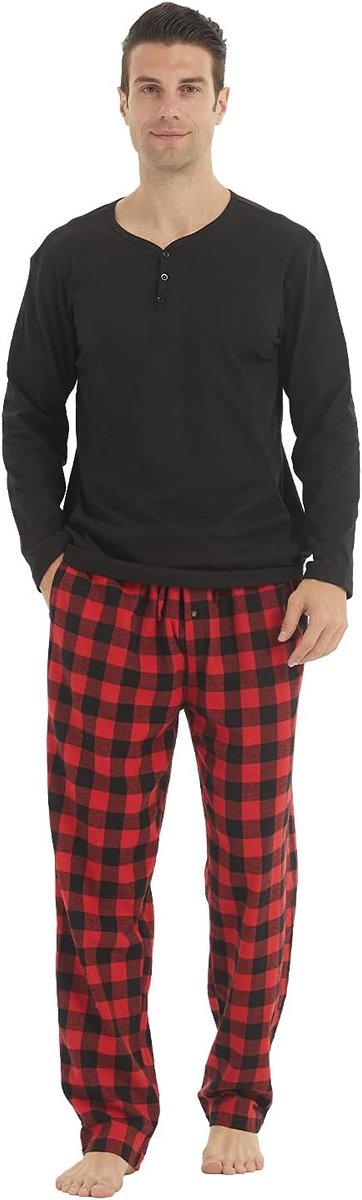 Pyjama voor heren, lange katoenen winterpyjama, lange mouwen, shirt en flanel, geruit, pyjamabroek met zak, zachte fleece, loungewear, nachtkleding set