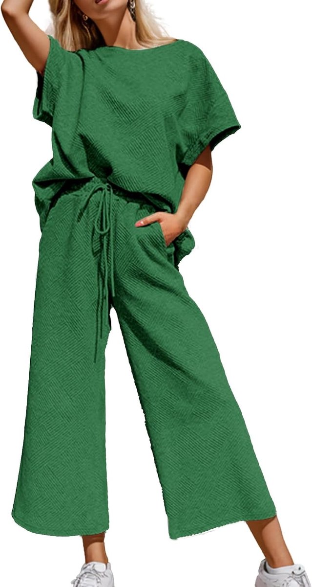 outfits voor dames, getextureerd, sweatpak, 3/4 mouwen, ronde hals, pullover, top, wijde pijpen, broek, trainingspak, set
