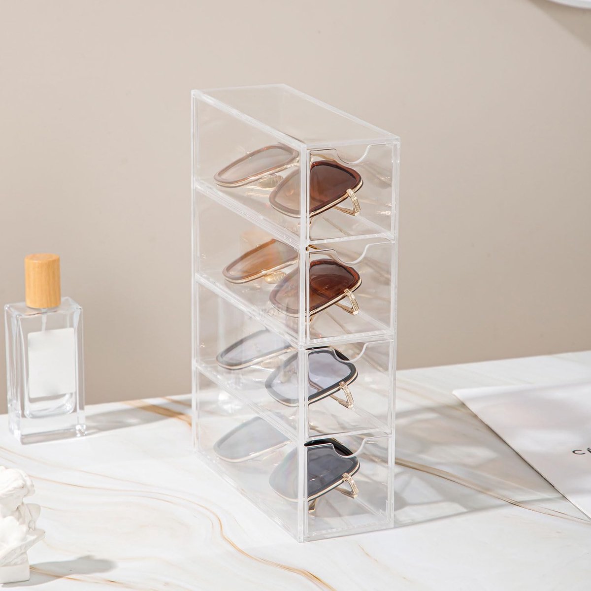 Zonnebrillenhouder met 4 lades, acrylbrillenhouder, opbergbakje voor make-up, sieradendoos, doorzichtige zonnebrillenhouder voor thuis en op kantoor