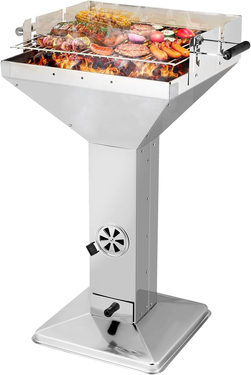 Houtskoolgrill, roestvrij staal, draagbare campinggrill, familiegrill, strandgrill, 3-voudig in hoogte verstelbaar grillrooster, aslade en ventilatieregelaar, 63 x 48 x 91,5 cm,