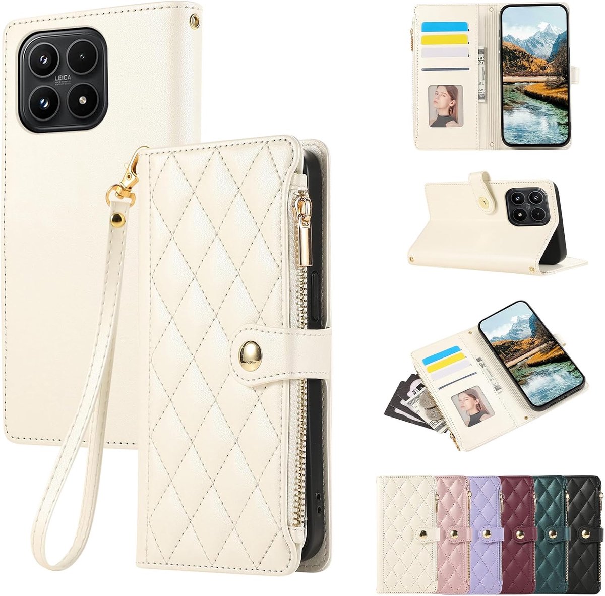Hoes voor mobiele telefoon voor Xiaomi 17, ritssluiting, zakelijk, PU-leer, klaphoes, beschermhoes met kaartenvak, standaard, wit