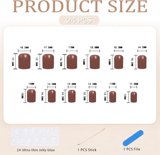 24 stuks Press On Nails Kort Vierkant Bruin - Complete Manicureset met Nagellijm, Vijl en Houten Staafje voor Thuismanicure — afbeelding 2