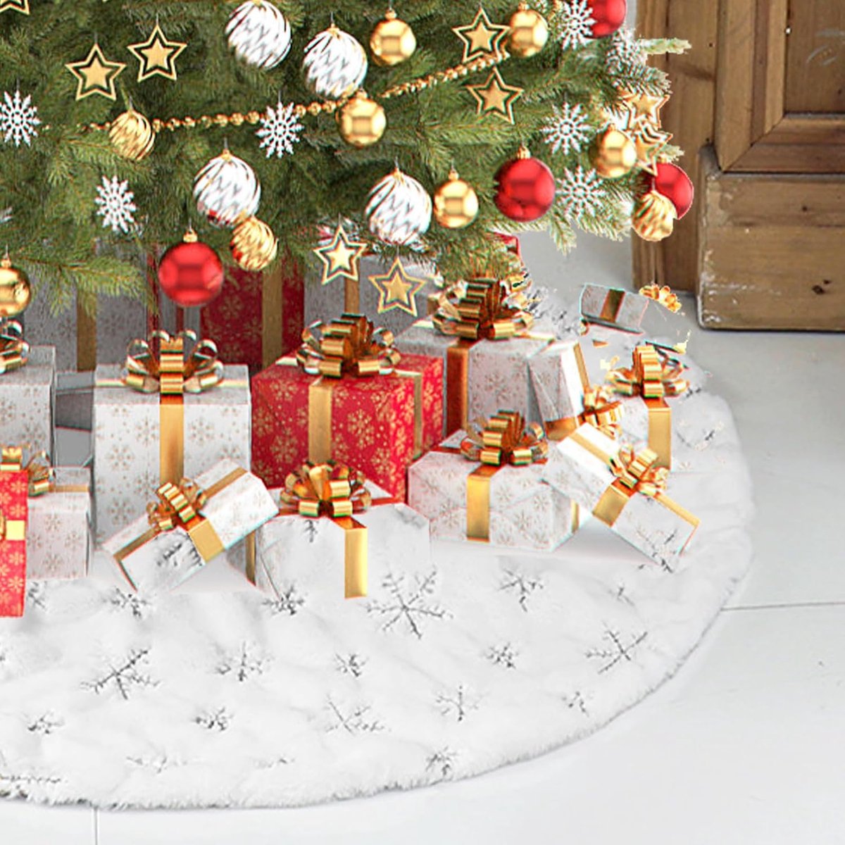 Groot Witte Kerstboom Rokken Luxe Sneeuwvlok Pailletten Faux Bont Pluche Boom Basis Cover Mat Kerstboom Bodem Dekbeddekkers Vakantie Feest Huis Festival Decoraties 91 Centimeter