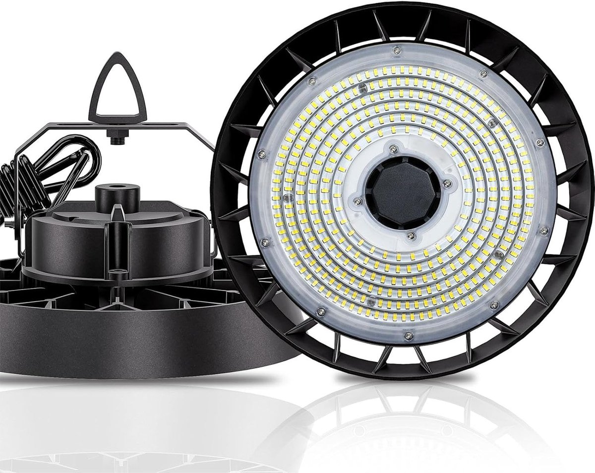 Zaalschijnwerper 150W 25500lm, LED zaalverlichting 5000K koudwit, 90° stralingshoek industriële lamp, werkplaatslamp waterdicht IP65, UFO Highbay voor kelder, garage, industriële