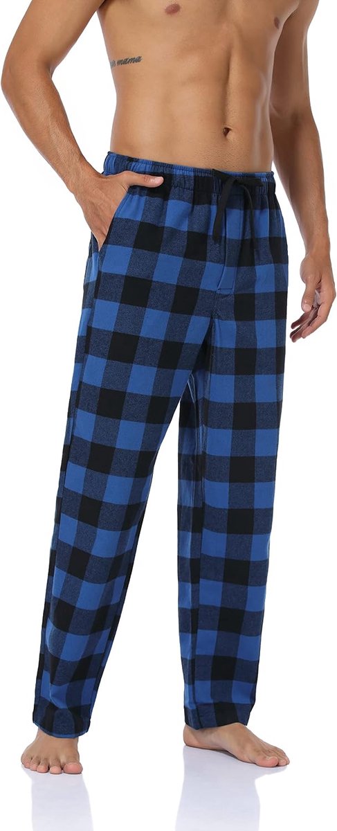 Pyjamabroek voor heren, 100% katoen, geruit, pyjamabroek, dikke flanellen slaapbroek, zachte nachtkleding voor mannen, met zakken, verstelbare tailleband met trekkoord