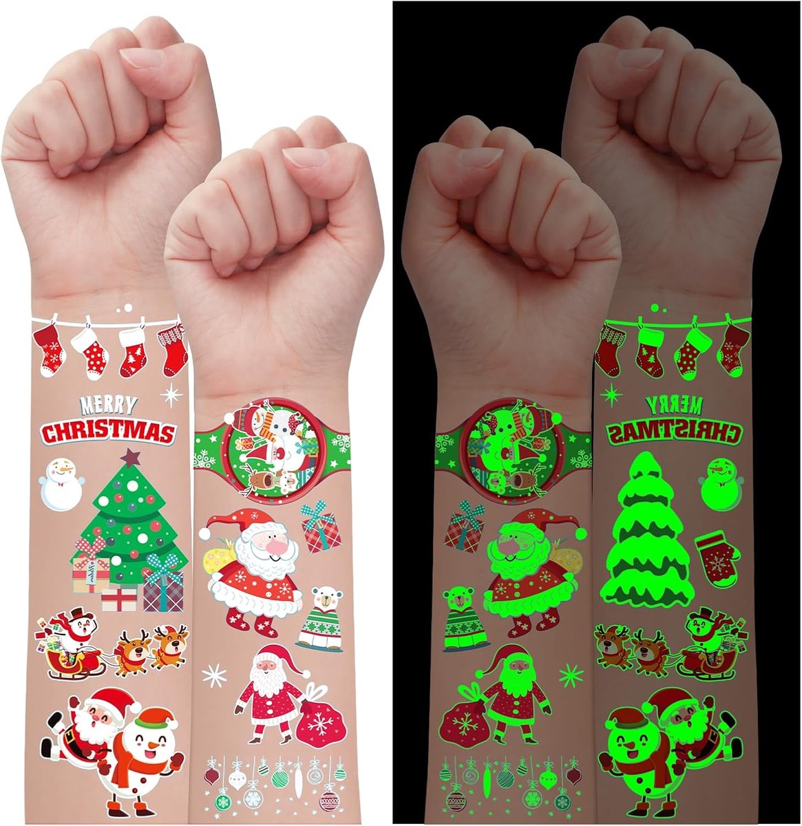 Kerstfeestzakvullers, 120 stuks (12 vellen) lichtgevende tijdelijke tatoeages voor kinderen kerstversiering kerstfeestbenodigdheden, spelletjes gunsten voor meisjes jongens kinderen