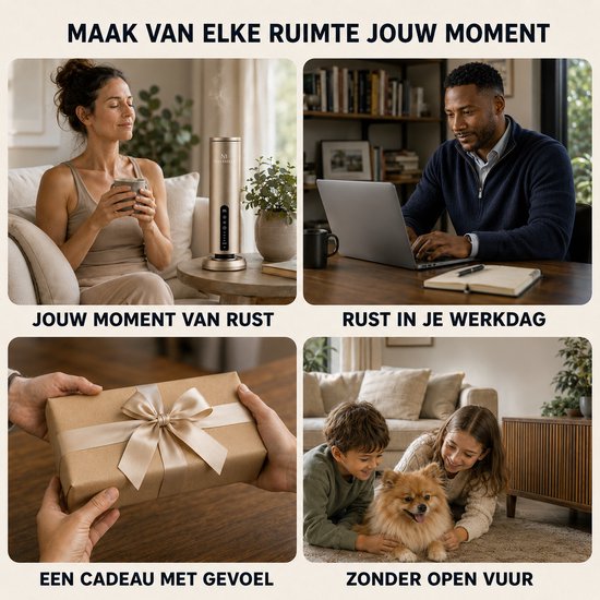 Collage van Nira Breeze diffuser in verschillende settings: ontspanning, werk, cadeau en familiebijeenkomst.