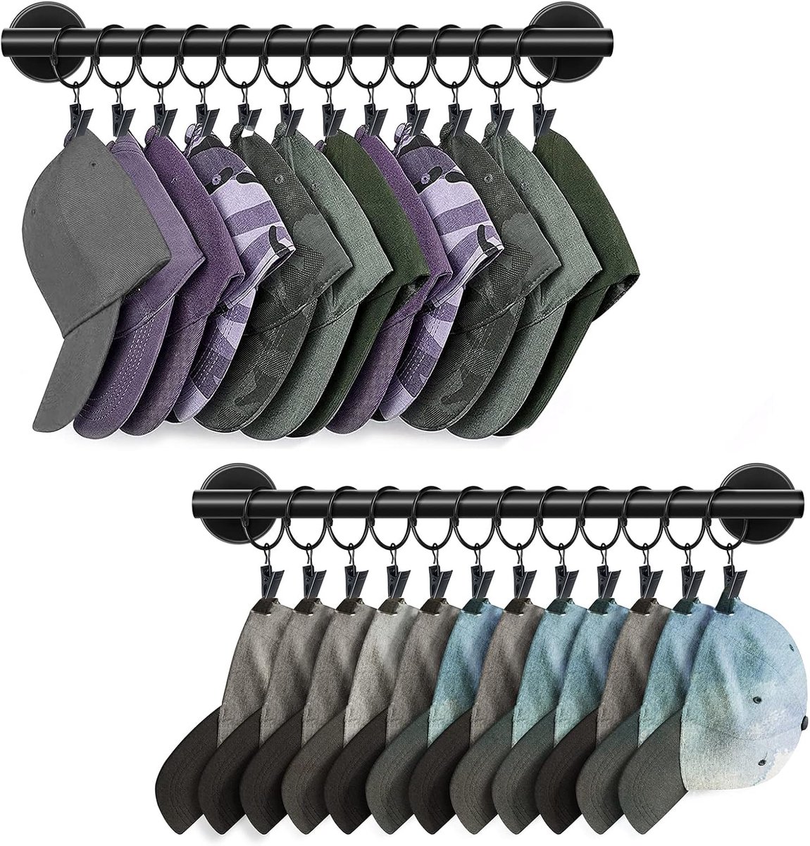 Hoedenrek voor muur met 24 haken, hoedenorganisatorhouder voor honkbalpetten, petorganizer, hoedenhanger voor kast, zwarte hoedenhouder met clips, set van 2 stuks