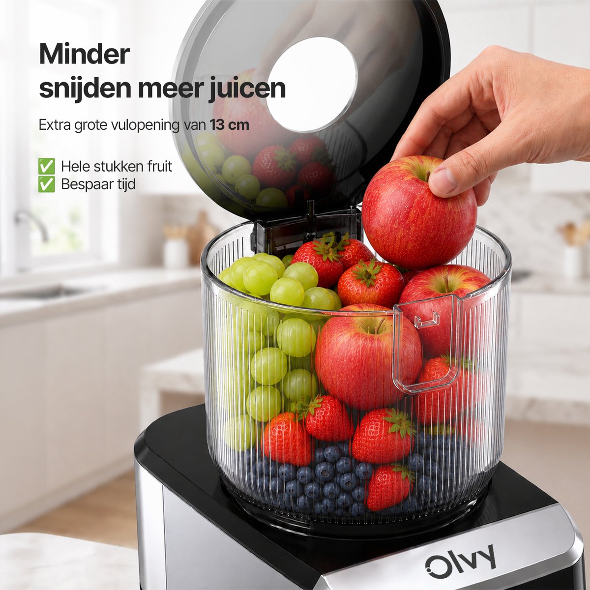Olvy Slowjuicer - 1500ml Sapcentrifuge met Pulpcontainer - voor Groenten en Fruit - Ijsmachine - BPA-Vrij - Zwart thumbnail 3