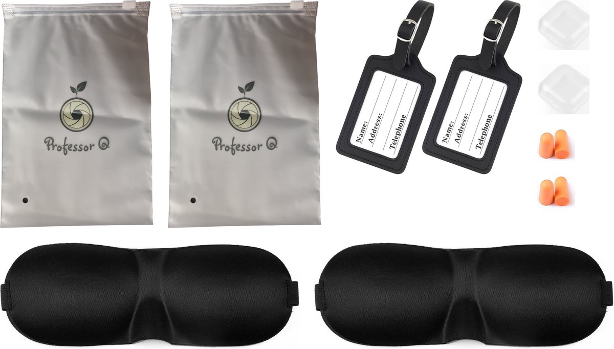 Professor Q Reisset Duo - 2 PU-Kofferlabels Zwart - 2 Slaapmasker Zwart