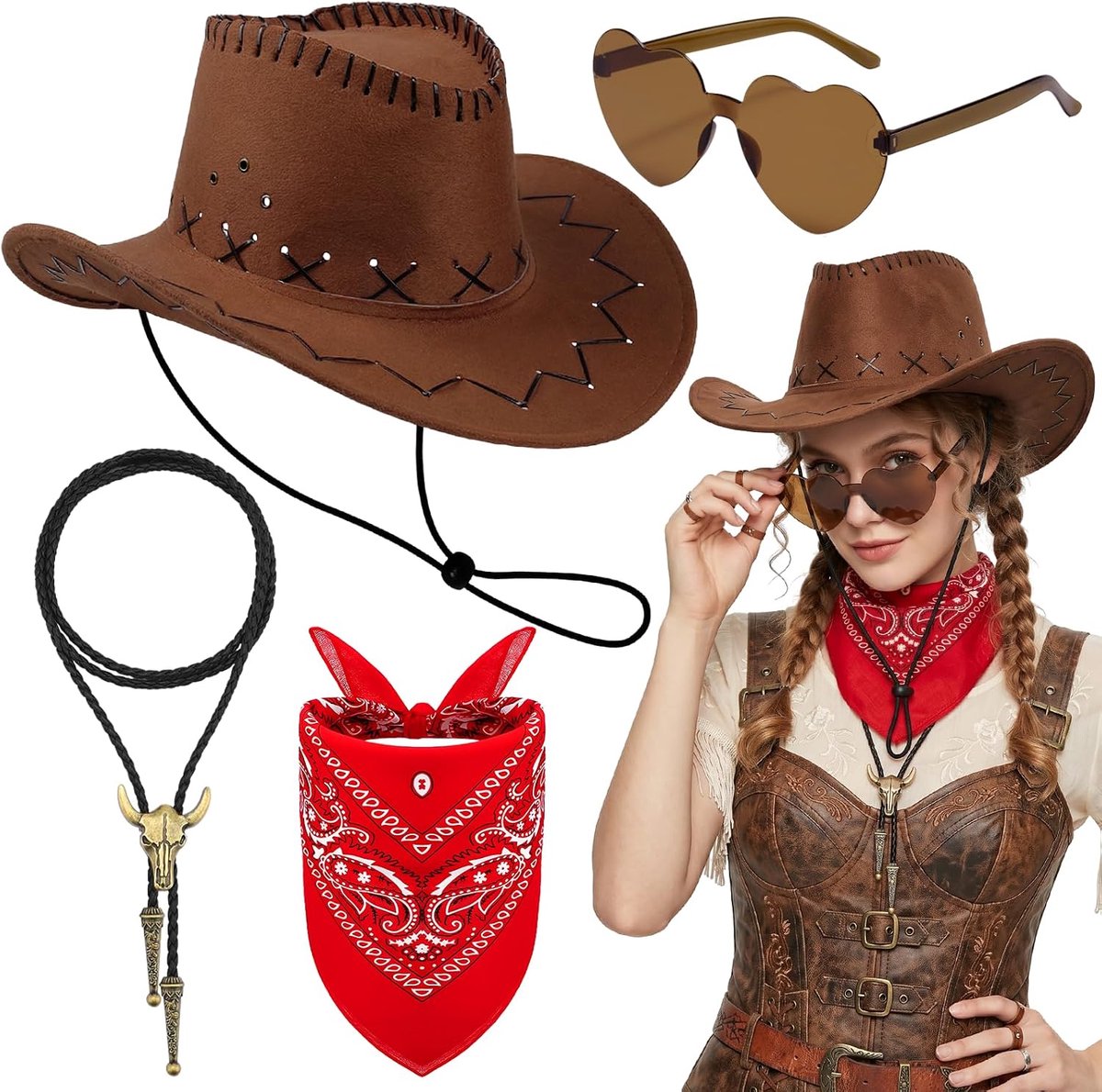 4 stuks cowboyhoed, accessoireset, western cowboyoutfits, accessoires voor dames en heren, Halloween, maskerade, feestjes