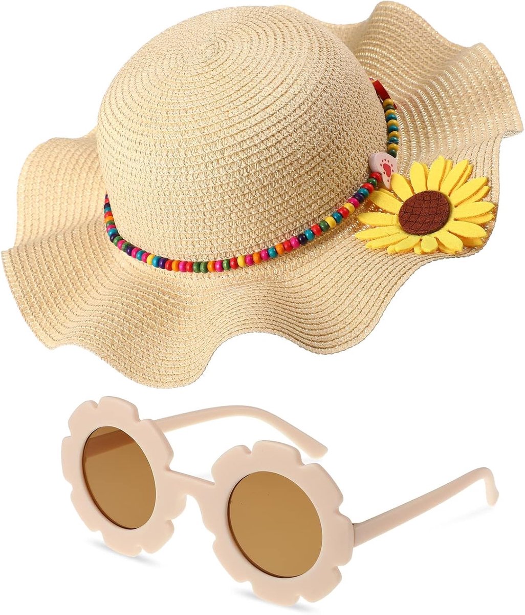 Strohoed voor kinderen, strandhoed voor meisjes, zonnebril, strandhoed voor kinderen, met zonnebril, madeliefje, zonnebril met bloemen voor reizen, strand, vakantie, picknick