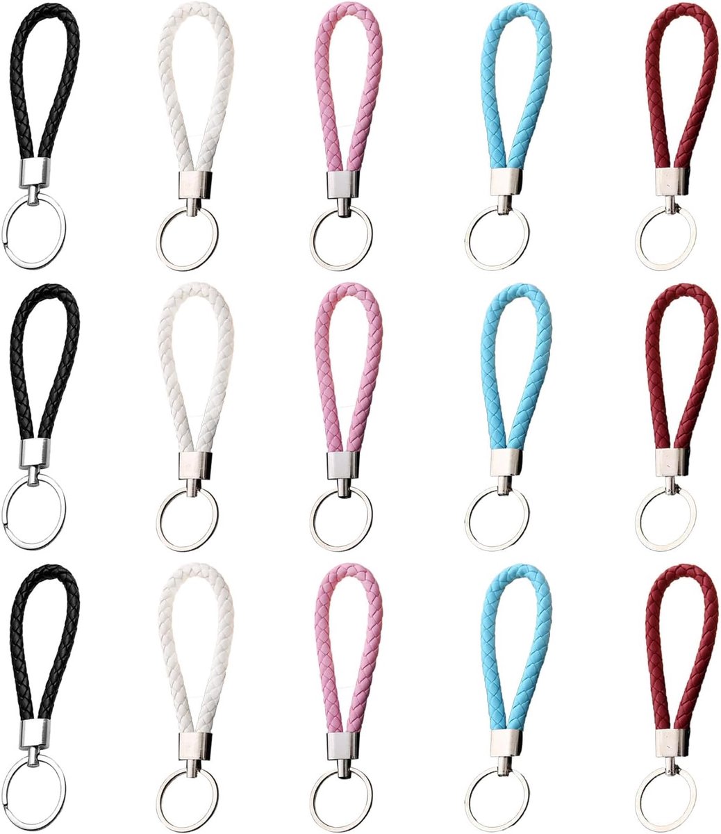 Sleutelhanger van gevlochten leer, 15 stuks, handgemaakte gevlochten riem, sleutelhanger, gevlochten PU-lederen band, sleutelhanger, geweven kunstlederen sleutelhanger, geweven touw