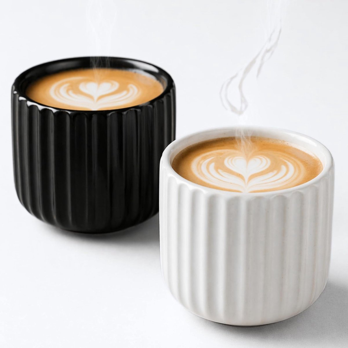 Espresso Kopjes - Vintage Koffiekopjes voor Lungo en Dubbele Espresso - Decoratieve Ribbel Mokken voor Keuken en Koffiebar - Geschikt voor Koffiemachines - 180ml Keramiek Wit+Zwart