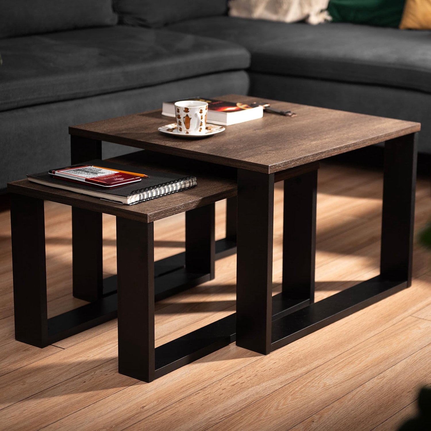 Salontafel set 2-delig - 37/42 x 30/50 cm - Zwart en naturel