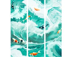 Japans Kamerscherm – 3-Delig – 135 x 172 cm – Koi Fish Among Waves - Japanese Fish Amidst Waves in Shades of Turquoise and White – Japans Design – Houten Frame – Roomdivider