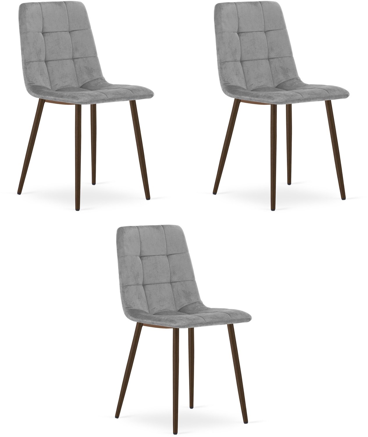 LEOBERT KARA Eetkamerstoelen – Set van 3 – Grijs Velvet – Walnootkleurige Houten Poten – Comfortabele Ergonomische Zitting – Modern Design – Velvet Stoel voor Woonkamer, Keuken en Eetkamer – Max. 110 kg per Stoel