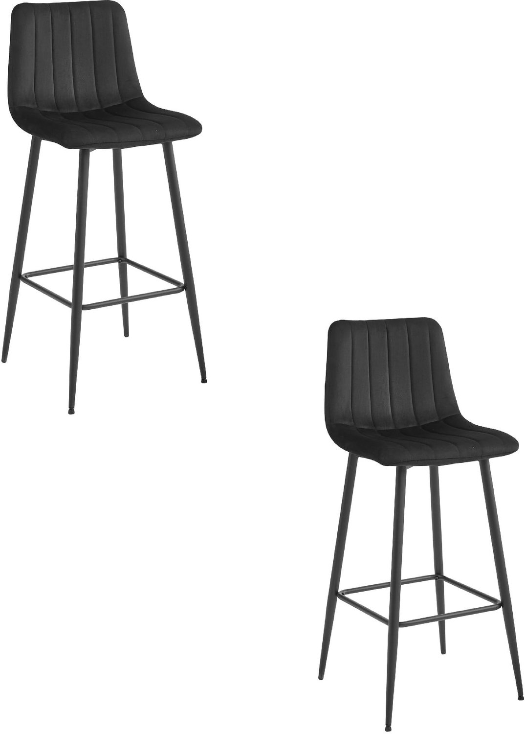 LEOBERT POZZA Barkrukken – Set van 2 – Zwart Velvet – Zwarte Metalen Poten – Met Rugleuning – Met Voetsteun – Modern Design – Voor Keukeneiland, Bar en Keuken – Max. 110 kg per Kruk