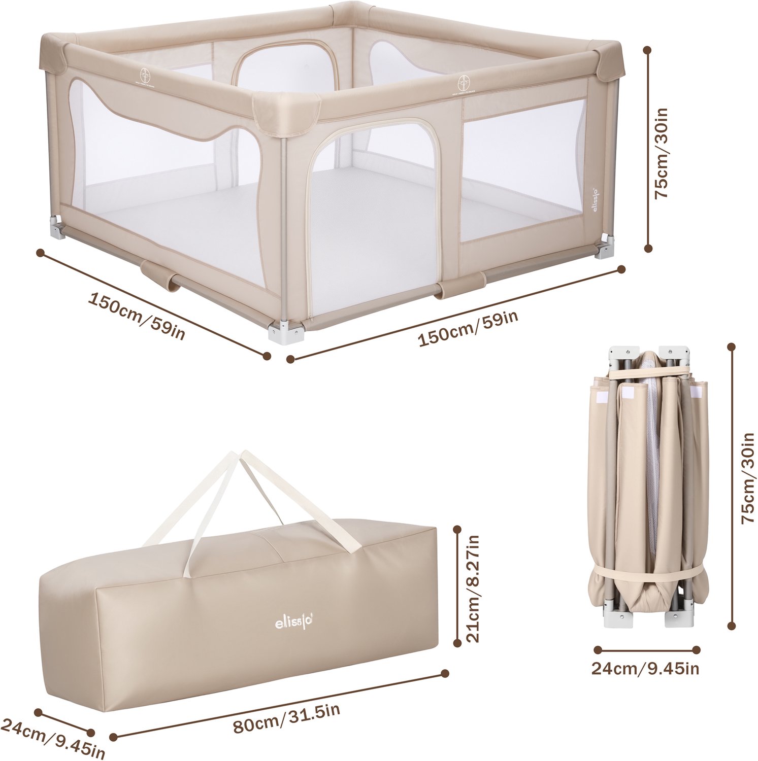 Elissio® - Grondbox Baby - Inklapbare Speelbox met XPE dubbelzijdige Speelmat & 50 Ballen - Kruipbox - Kinderbox - Playpen Baby - 150x150x76.5 CM - Beige – foto 2